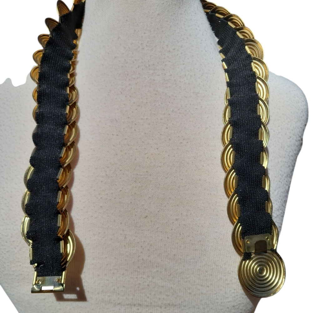 Vintage Gold Tone Disc Stretch Belt | Mod Disco Glam Statement Waist Belt - Picture 9 of 12
